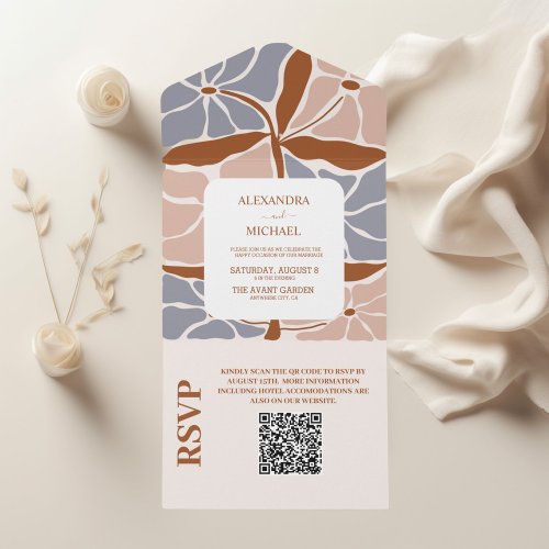 QR Code Boho Chic Retro Floral Wedding All In One Invitation