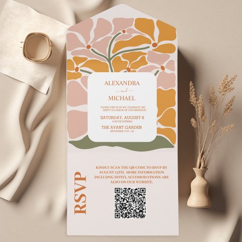 QR Code Boho Chic Retro Floral Wedding All In One Invitation