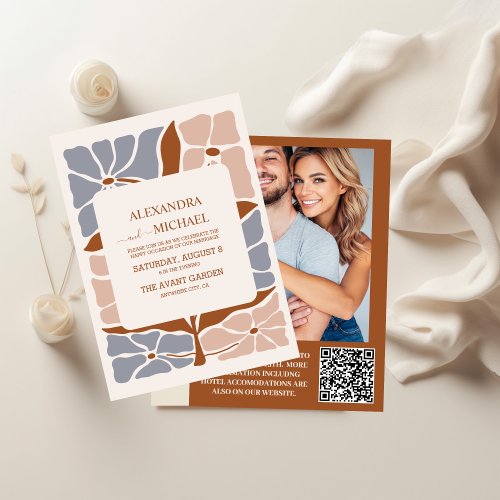 QR Code Boho Chic Retro Floral Wedding Invitation