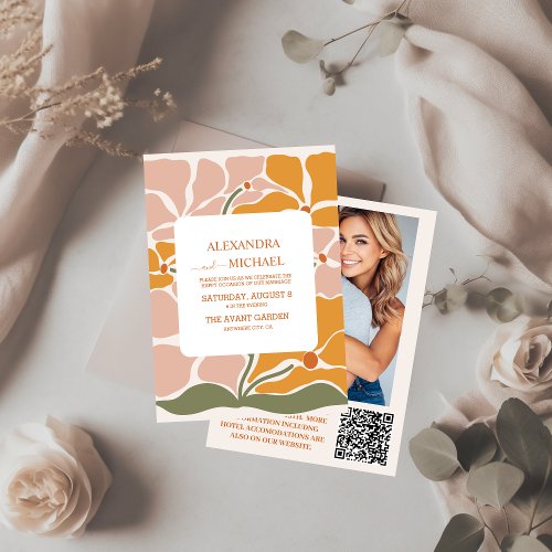 QR Code Boho Chic Retro Floral Wedding Invitation