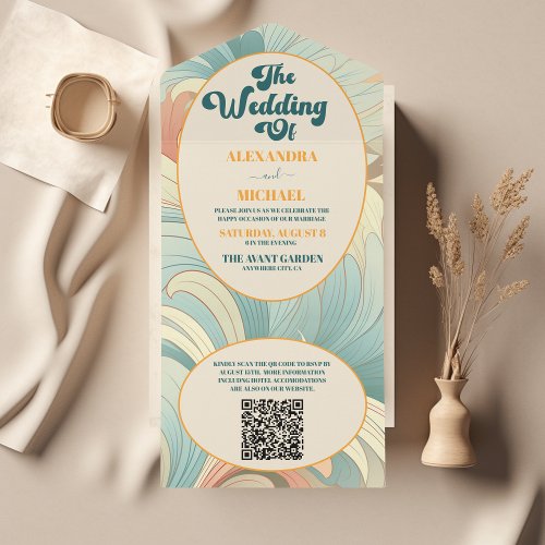 QR Code Boho Retro Colorful Floral Wedding  All In One Invitation