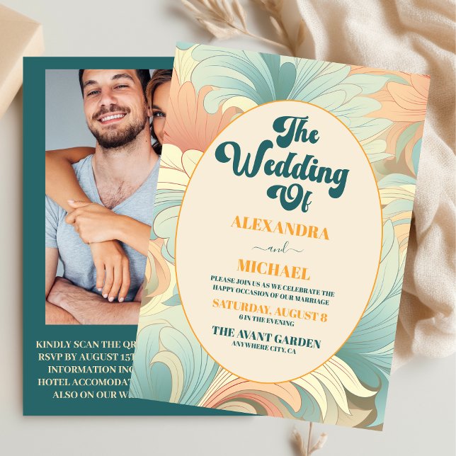 QR Code Boho Retro Colorful Floral Wedding  Invitation (Creator Uploaded)