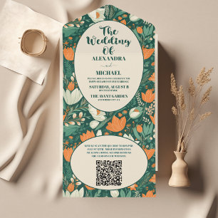 QR Code Boho Retro Floral Wedding  All In One Invitation