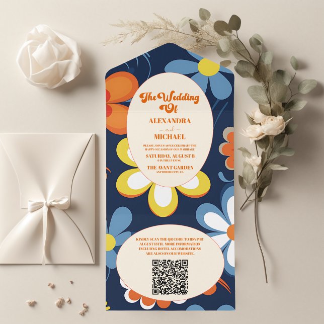 QR Code Boho Retro  Floral Wedding All In One Invitation (Creator Uploaded)