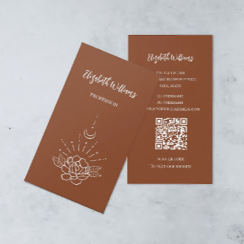 Qr Code | Boho Rose Floral Moon Terracotta Business Card by NinaBaydur at Zazzle
