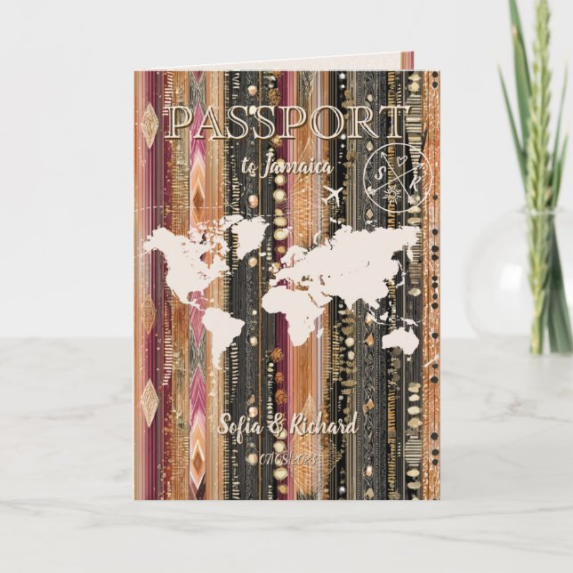 QR Code Boho Wedding Destination Passport Map  Invitation (Front)