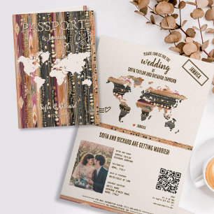 QR Code Boho Wedding Destination Passport Map Invitation