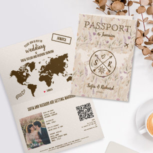 QR Code Boho Wedding Destination Passport Map Invitation