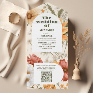 QR Code Boho Wildflower Botanical Wedding All In One Invitation