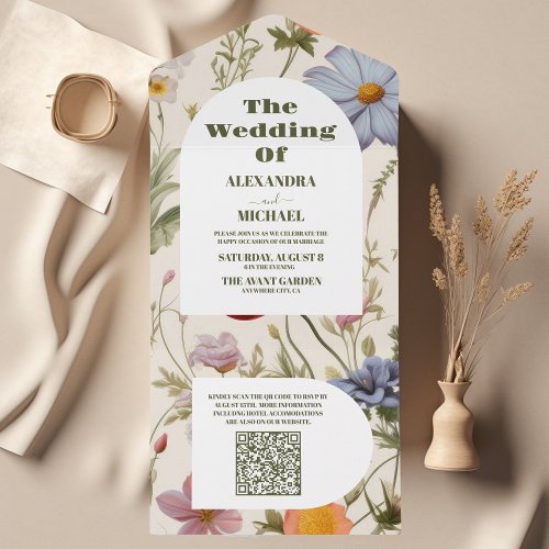 QR Code Boho Wildflower Botanical Wedding All In One Invitation