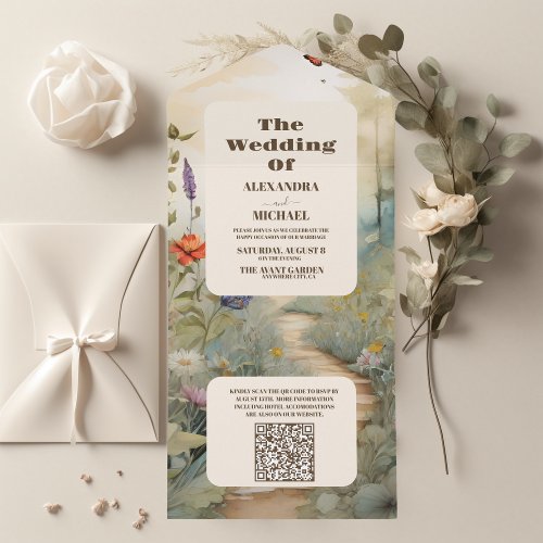 QR Code Boho Wildflower Mountain Meadow All In One Invitation