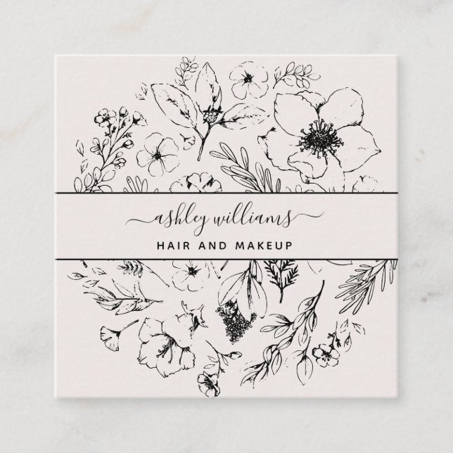 QR Code Botanical Blush Black Script Name Square Square Business Card (Front)