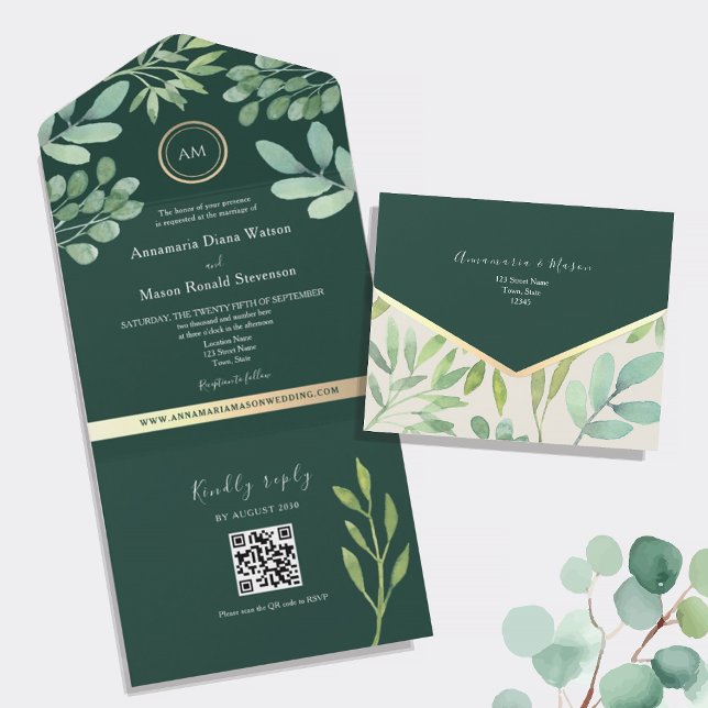 QR Code Botanical Emerald Green Wedding All In One Invitation (Creator Uploaded)