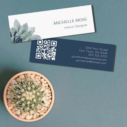 QR code Botanical Greenery Navy Blue White Mini Business Card