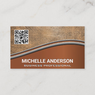 QR Code Brown Leather Metallic Business Card