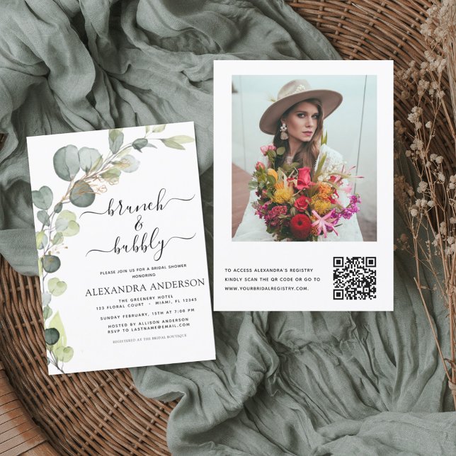QR Code Brunch & Bubbly Bridal Shower Eucalyptus Invitation (Creator Uploaded)