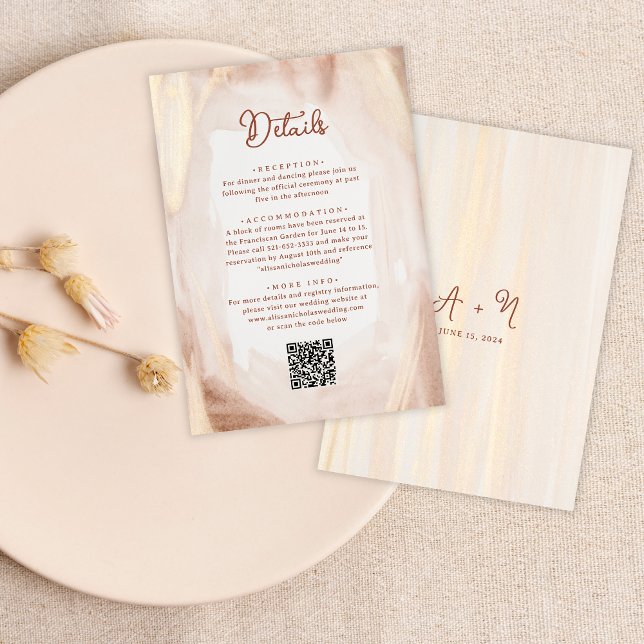 QR Code Brush Gold & Terracotta Monogram Wedding Enclosure Card (Creator Uploaded)