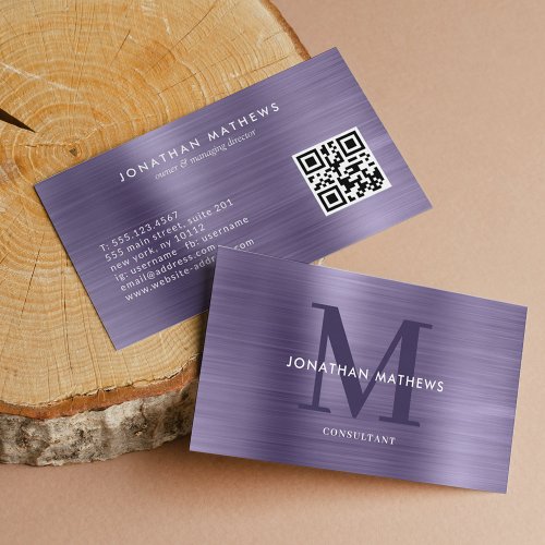 QR Code Brushed Metal Midnight Purple Monogram Business Card