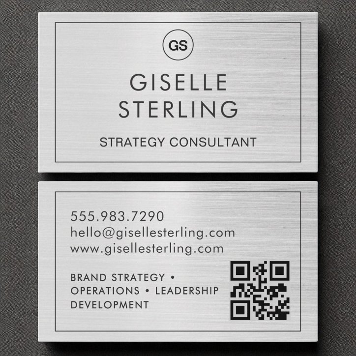 QR Code Brushed Silver Monogram Modern Business Card