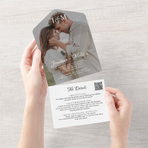 QR Code Budget Monogram Photo Overlay Wedding All In One Invitation