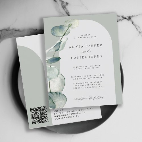 QR CODE budget sage arch wedding invitation