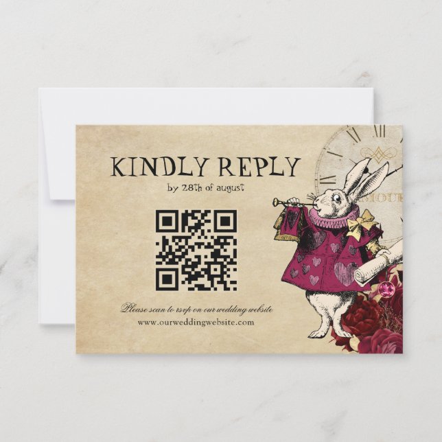 QR Code Burgundy Alice in Wonderland Wedding RSVP Card (Front)