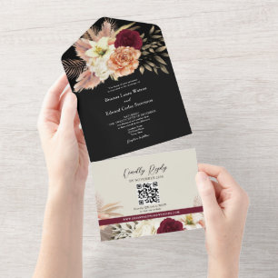 QR Code Burgundy Black Floral Wedding All In One Invitation