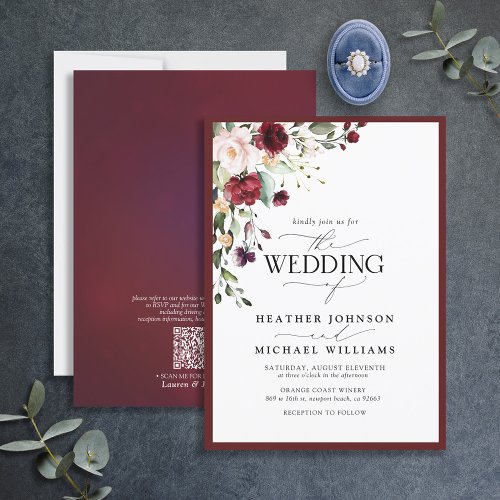 QR Code Burgundy Blush Floral Watercolor Script Invitation