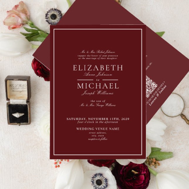 QR Code Burgundy Classic Script Wedding Invitation (Creator Uploaded)