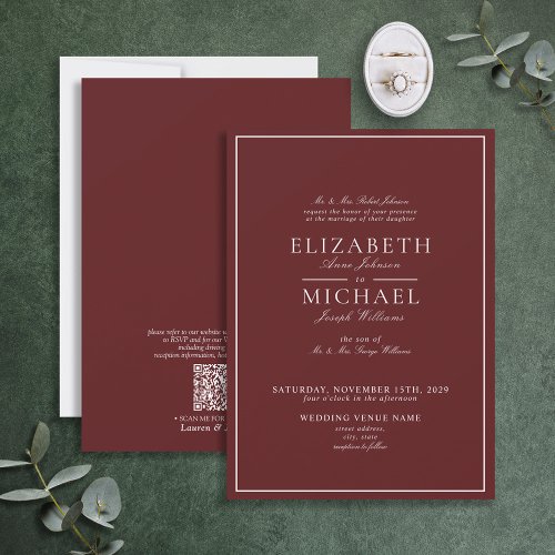 QR Code Burgundy Classic Script Wedding Invitation