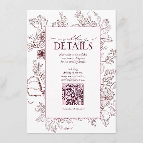 QR Code Burgundy Floral Wedding Details Enclosure Card