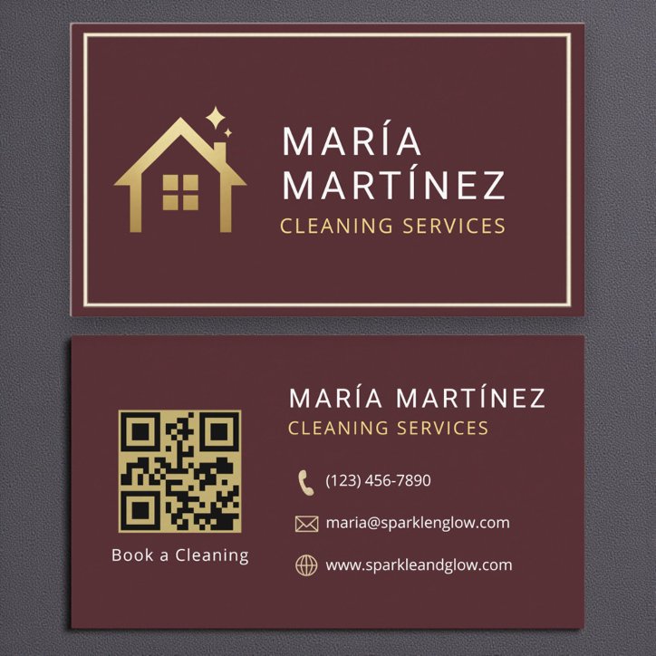 QR Code Burgundy Gold Cleaning Services Business Card