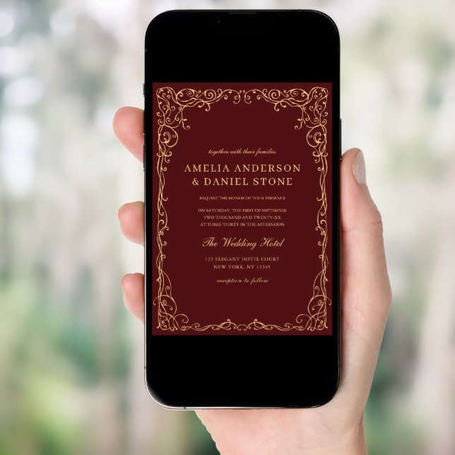 QR Code Burgundy Gold Minimal Wedding Invitation (Front Digital)