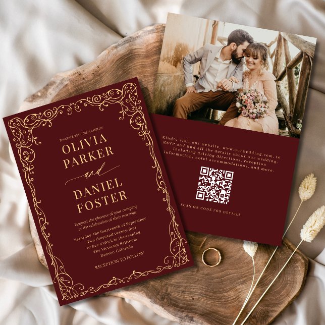 QR Code Burgundy Gold Photo Minimalist Wedding Invitation (Creator Uploaded)