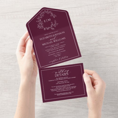 QR Code Burgundy Leafy Crest Monogram Wedding All In One Invitation