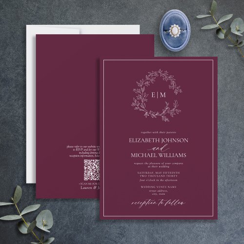 QR Code Burgundy Leafy Crest Monogram Wedding Invitation