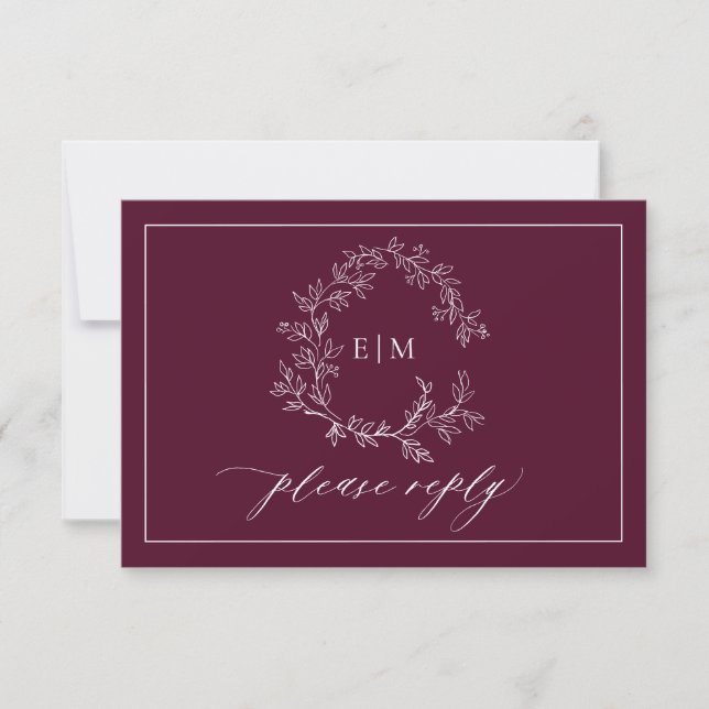 QR Code Burgundy Leafy Crest Monogram Wedding RSVP Card (Front)