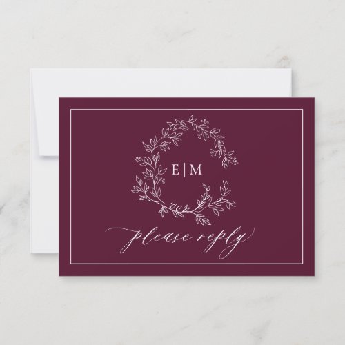 QR Code Burgundy Leafy Crest Monogram Wedding RSVP Card