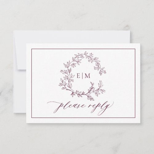 QR Code Burgundy Leafy Crest Monogram Wedding RSVP Card