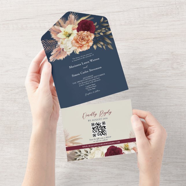 QR Code Burgundy Navy Floral Wedding All In One Invitation (Tearaway)
