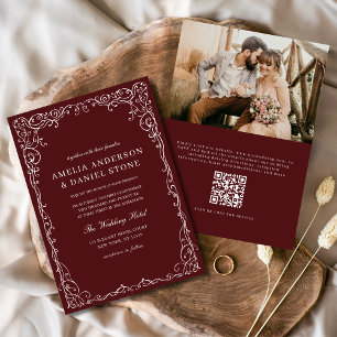 QR Code Burgundy Photo Minimalist Wedding Invitation