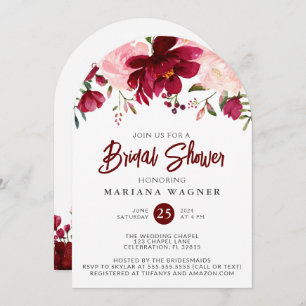 QR Code Burgundy Pink Floral Bridal Shower Invitation