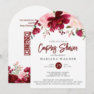 QR Code Burgundy Pink Floral Couples Shower  Invitation