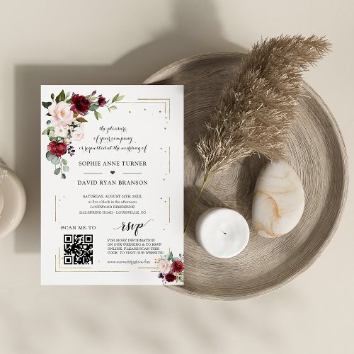 QR Code Burgundy Pink Floral Gold Wedding  Invitation