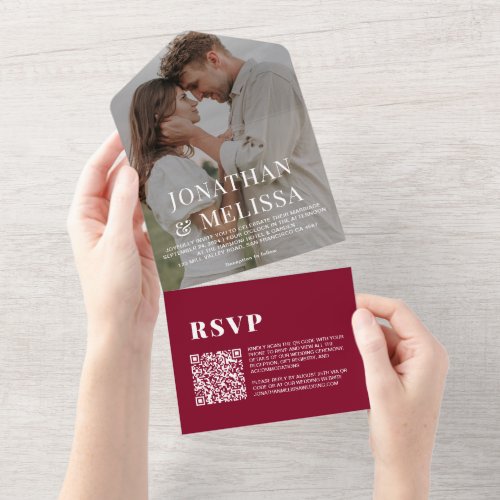 QR Code Burgundy Red Simple Overlay Photo Wedding All In One Invitation