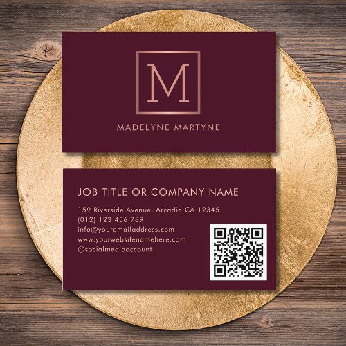 QR Code Burgundy Rose Gold Monogram Elegant  Business Card