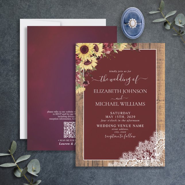 QR Code Burgundy Sunflower Rustic Wood Wedding Invitation (Creator Uploaded)