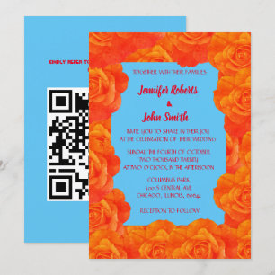 QR Code Burnt Orange Blue Floral Roses Wedding Invitation