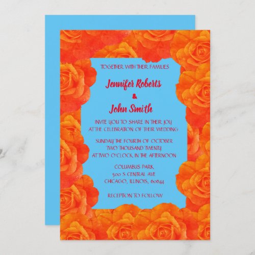 QR Code Burnt Orange Blue Floral Roses Wedding Invitation