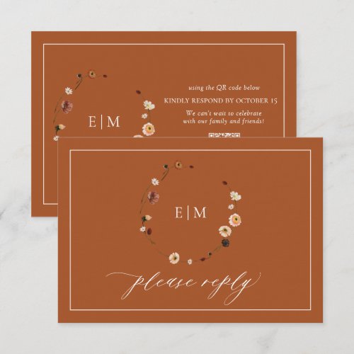 QR Code Burnt Orange Floral Crest Monogram RSVP